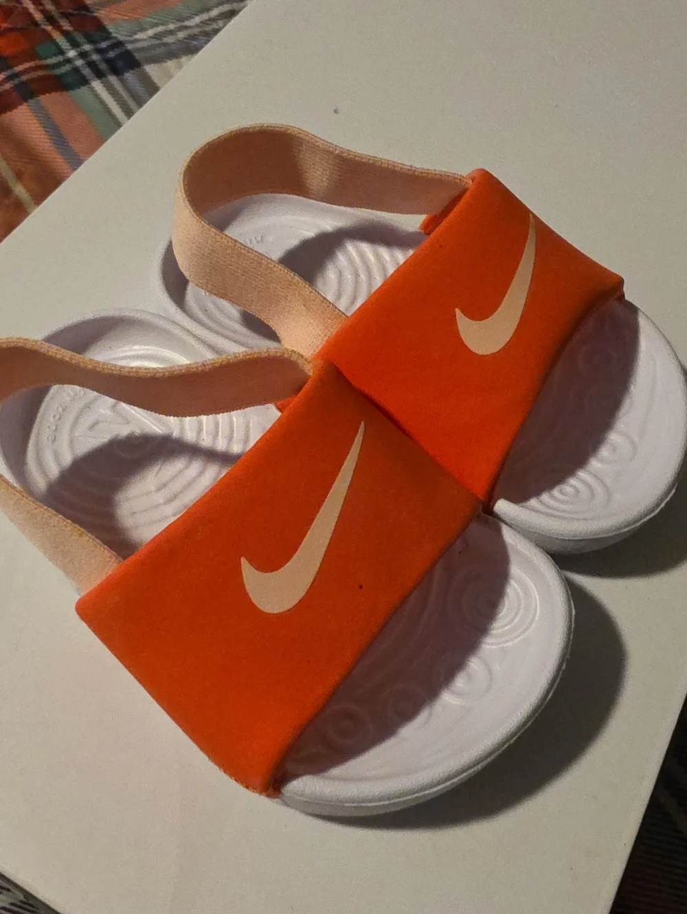 Nike Kids Pinkish-Orange and White Slide Sandals with Elastic Heel, Size 4c